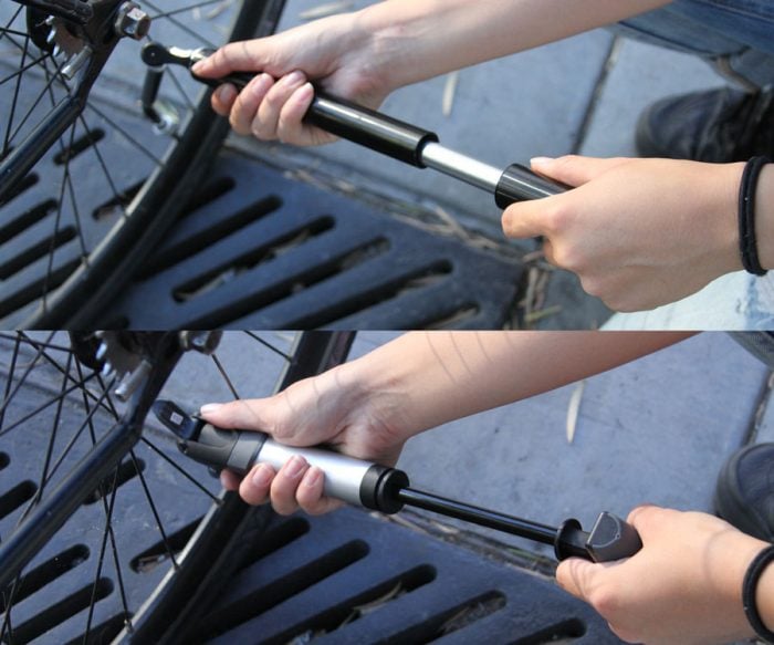 Imagen que muestra a una persona bombeando la rueda de una bicicleta
